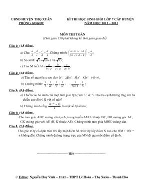 Đề thi học sinh giỏi lớp 7 cấp huyện Thọ Xuân học 2012 2013 môn thi Toán